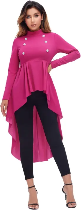 Floerns Women's Double Button Long Sleeve Round Neck Asymmetrical Blouse Tops