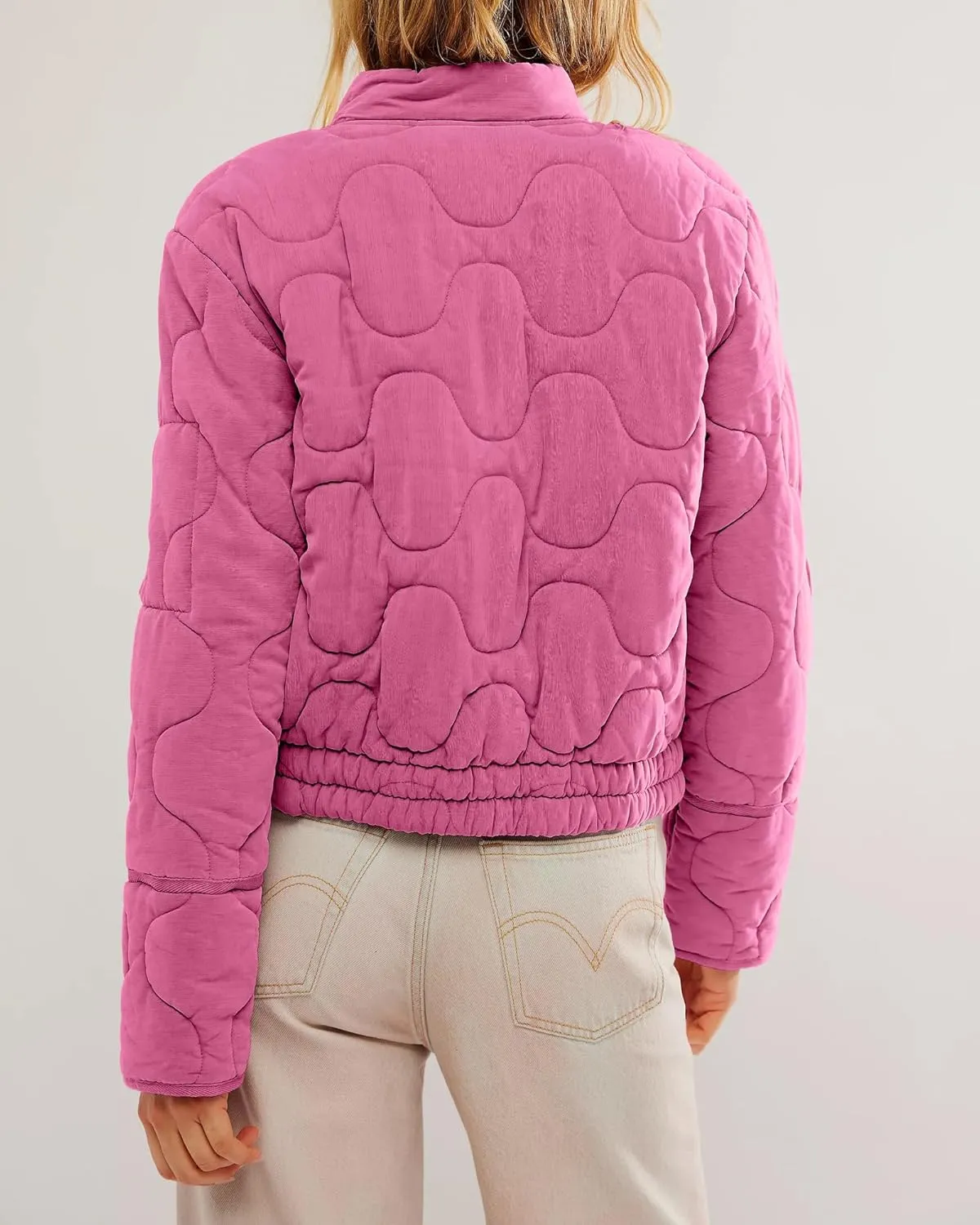 Gacaky Women's Lightweight Cropped Quilted Jacket Winter Warm Zip Long Sleeve Puffer Jacket Coat with Pockets