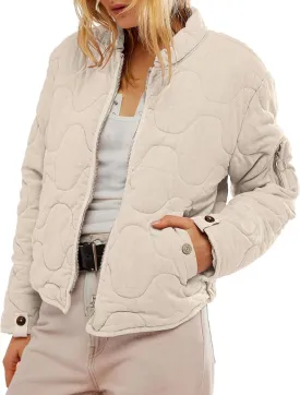 Gacaky Women's Lightweight Cropped Quilted Jacket Winter Warm Zip Long Sleeve Puffer Jacket Coat with Pockets
