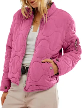 Gacaky Women's Lightweight Cropped Quilted Jacket Winter Warm Zip Long Sleeve Puffer Jacket Coat with Pockets