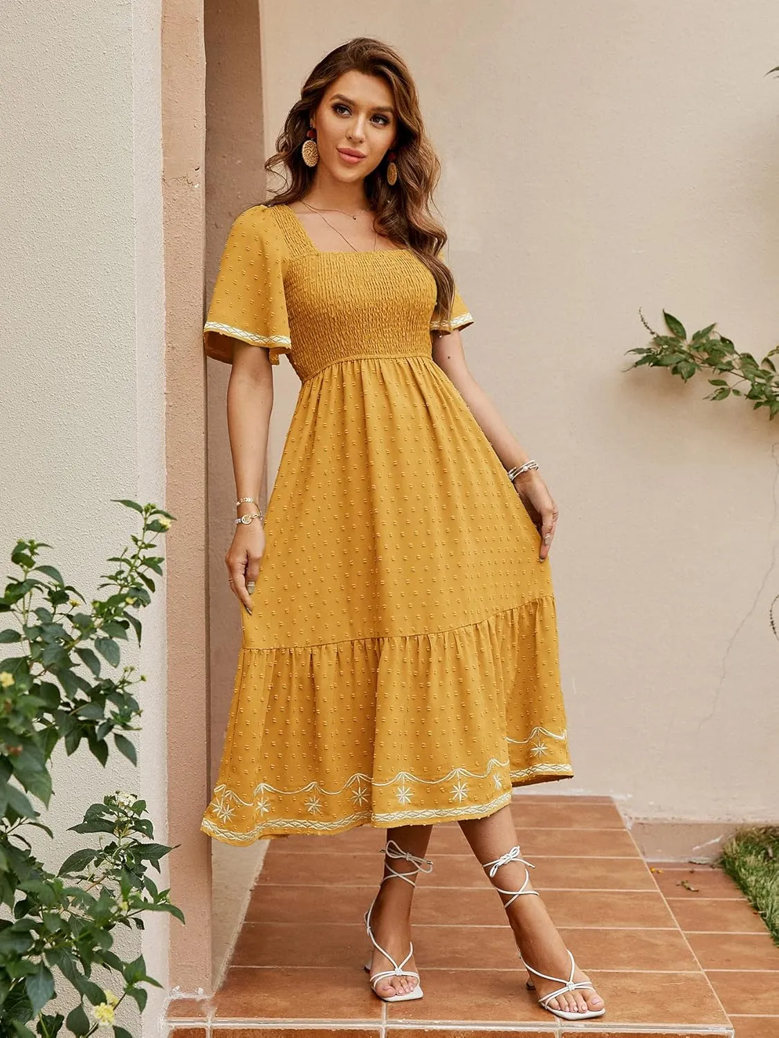 Glamaker Women's Short Sleeve Smocked Square Neck A Line Summer Flowy Maxi Long Dress