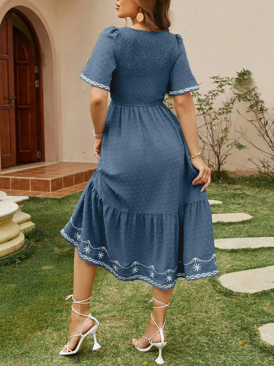 Glamaker Women's Short Sleeve Smocked Square Neck A Line Summer Flowy Maxi Long Dress