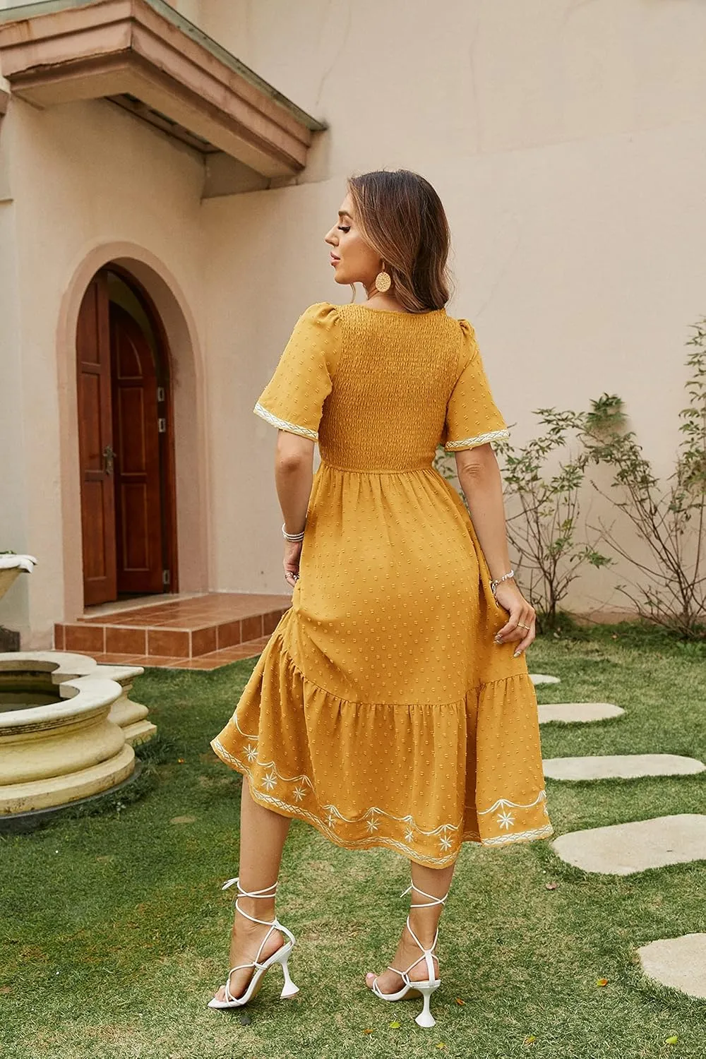 Glamaker Women's Short Sleeve Smocked Square Neck A Line Summer Flowy Maxi Long Dress