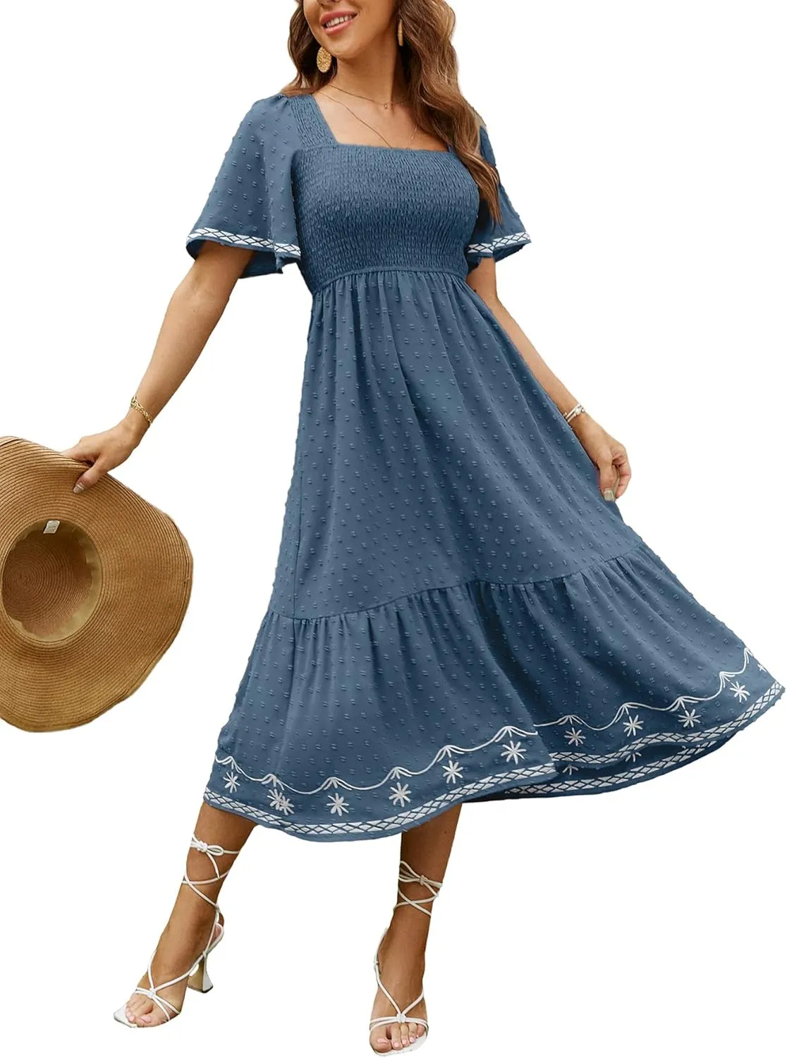 Glamaker Women's Short Sleeve Smocked Square Neck A Line Summer Flowy Maxi Long Dress