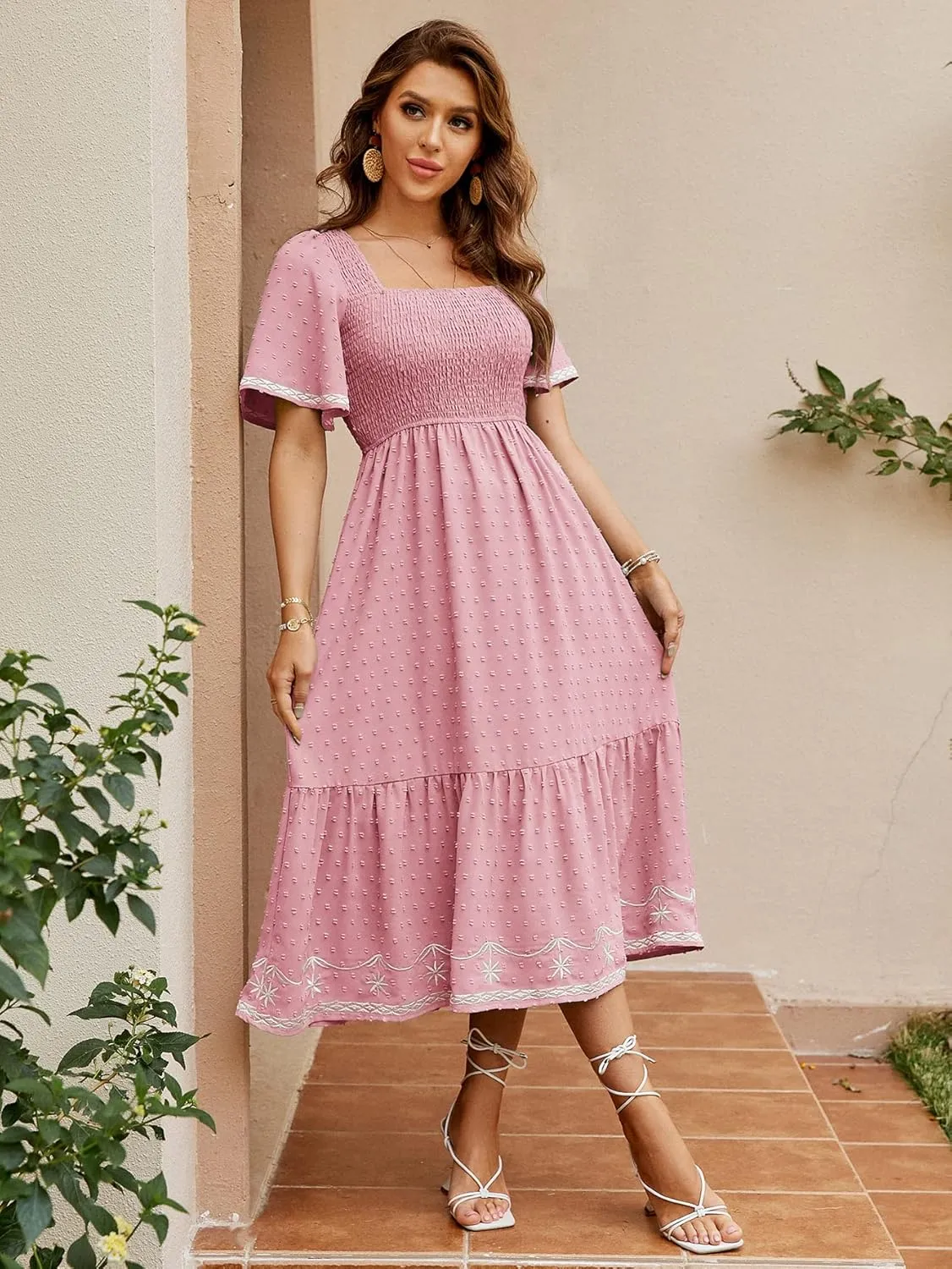Glamaker Women's Short Sleeve Smocked Square Neck A Line Summer Flowy Maxi Long Dress