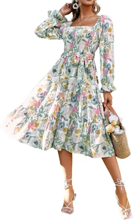 Glamaker Women's Short Sleeve Smocked Square Neck A Line Summer Flowy Maxi Long Dress