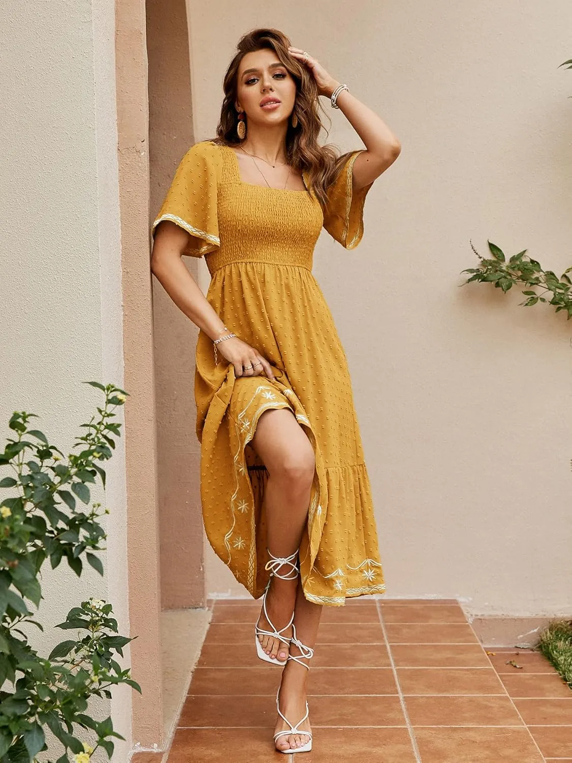 Glamaker Women's Short Sleeve Smocked Square Neck A Line Summer Flowy Maxi Long Dress