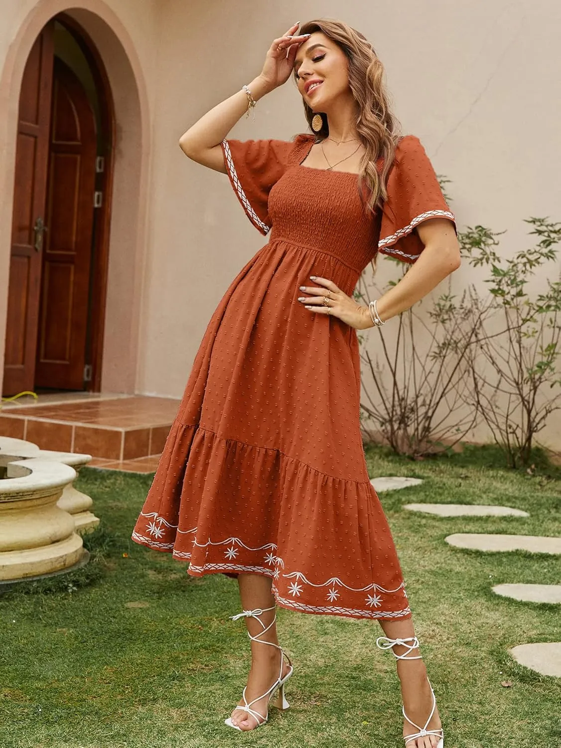 Glamaker Women's Short Sleeve Smocked Square Neck A Line Summer Flowy Maxi Long Dress