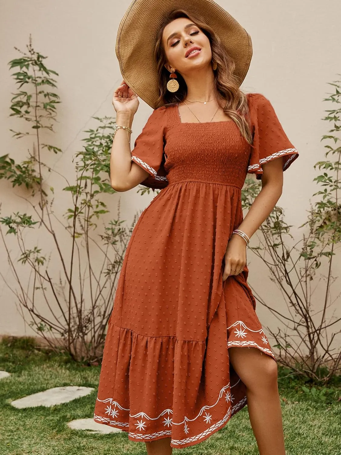 Glamaker Women's Short Sleeve Smocked Square Neck A Line Summer Flowy Maxi Long Dress