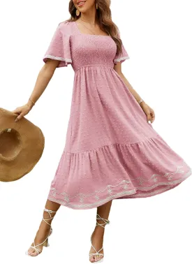 Glamaker Women's Short Sleeve Smocked Square Neck A Line Summer Flowy Maxi Long Dress