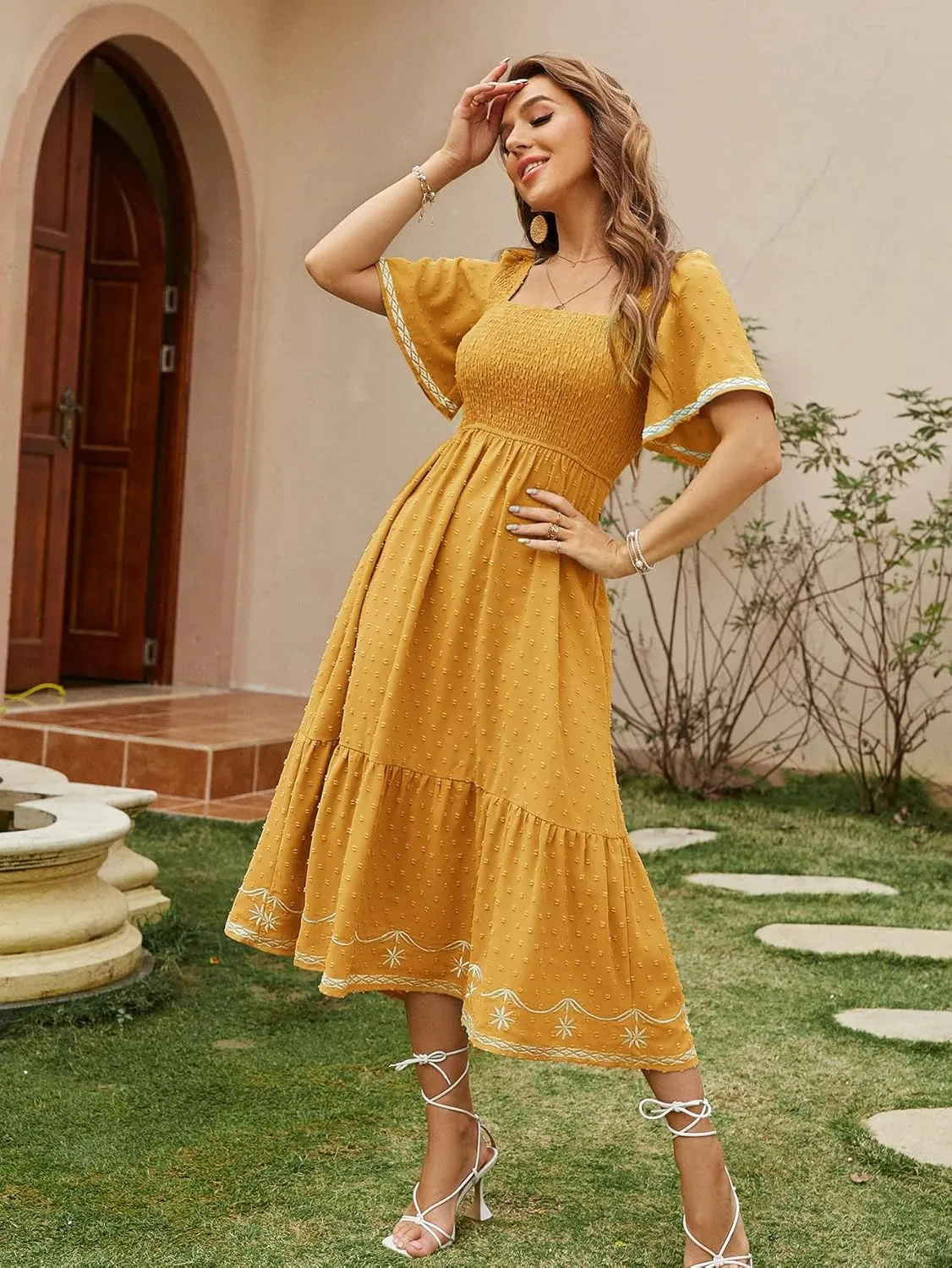 Glamaker Women's Short Sleeve Smocked Square Neck A Line Summer Flowy Maxi Long Dress
