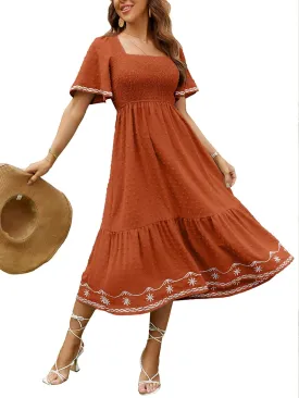 Glamaker Women's Short Sleeve Smocked Square Neck A Line Summer Flowy Maxi Long Dress