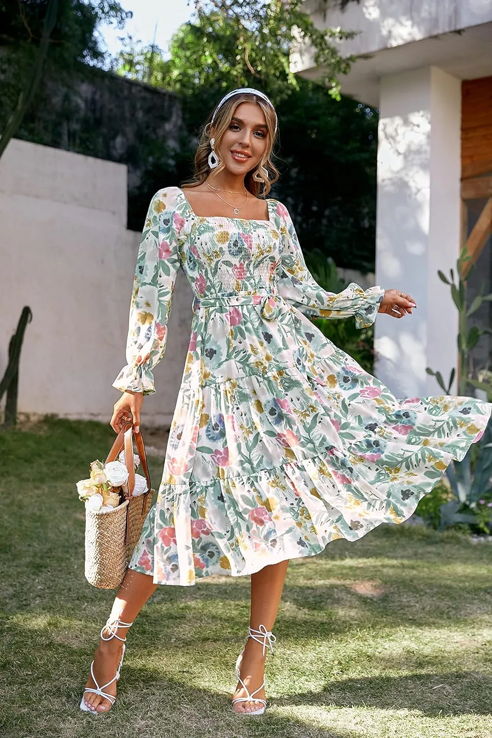 Glamaker Women's Short Sleeve Smocked Square Neck A Line Summer Flowy Maxi Long Dress