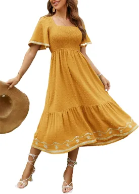 Glamaker Women's Short Sleeve Smocked Square Neck A Line Summer Flowy Maxi Long Dress