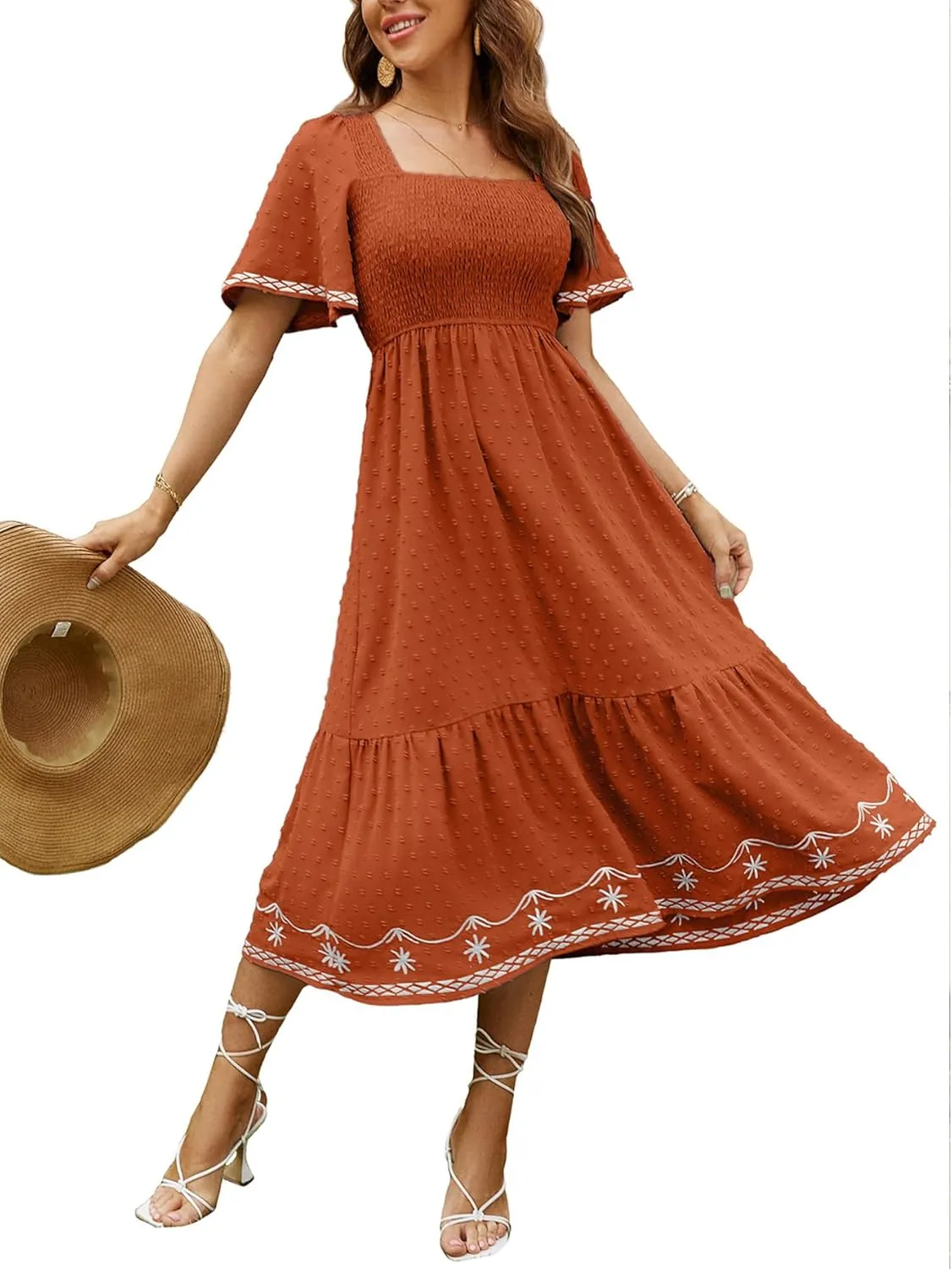 Glamaker Women's Short Sleeve Smocked Square Neck A Line Summer Flowy Maxi Long Dress