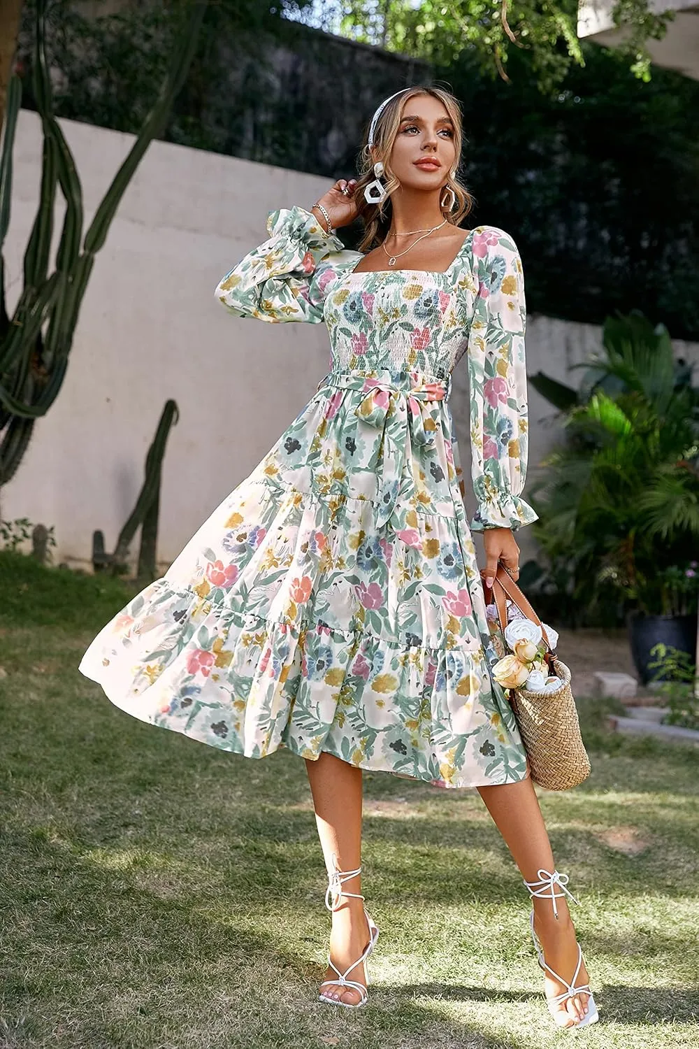 Glamaker Women's Short Sleeve Smocked Square Neck A Line Summer Flowy Maxi Long Dress