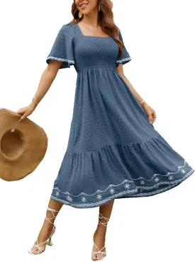 Glamaker Women's Short Sleeve Smocked Square Neck A Line Summer Flowy Maxi Long Dress