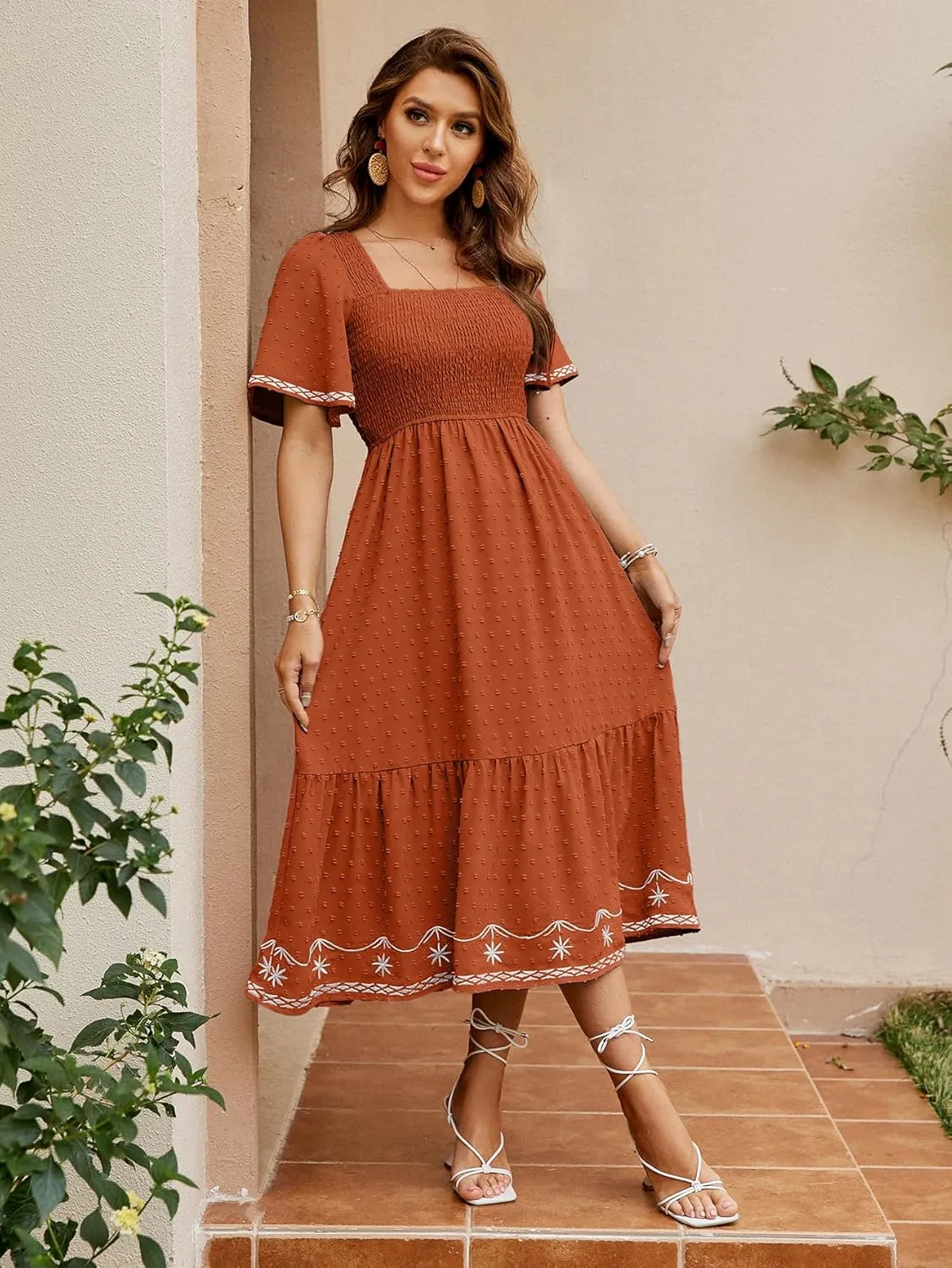Glamaker Women's Short Sleeve Smocked Square Neck A Line Summer Flowy Maxi Long Dress