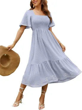Glamaker Women's Short Sleeve Smocked Square Neck A Line Summer Flowy Maxi Long Dress