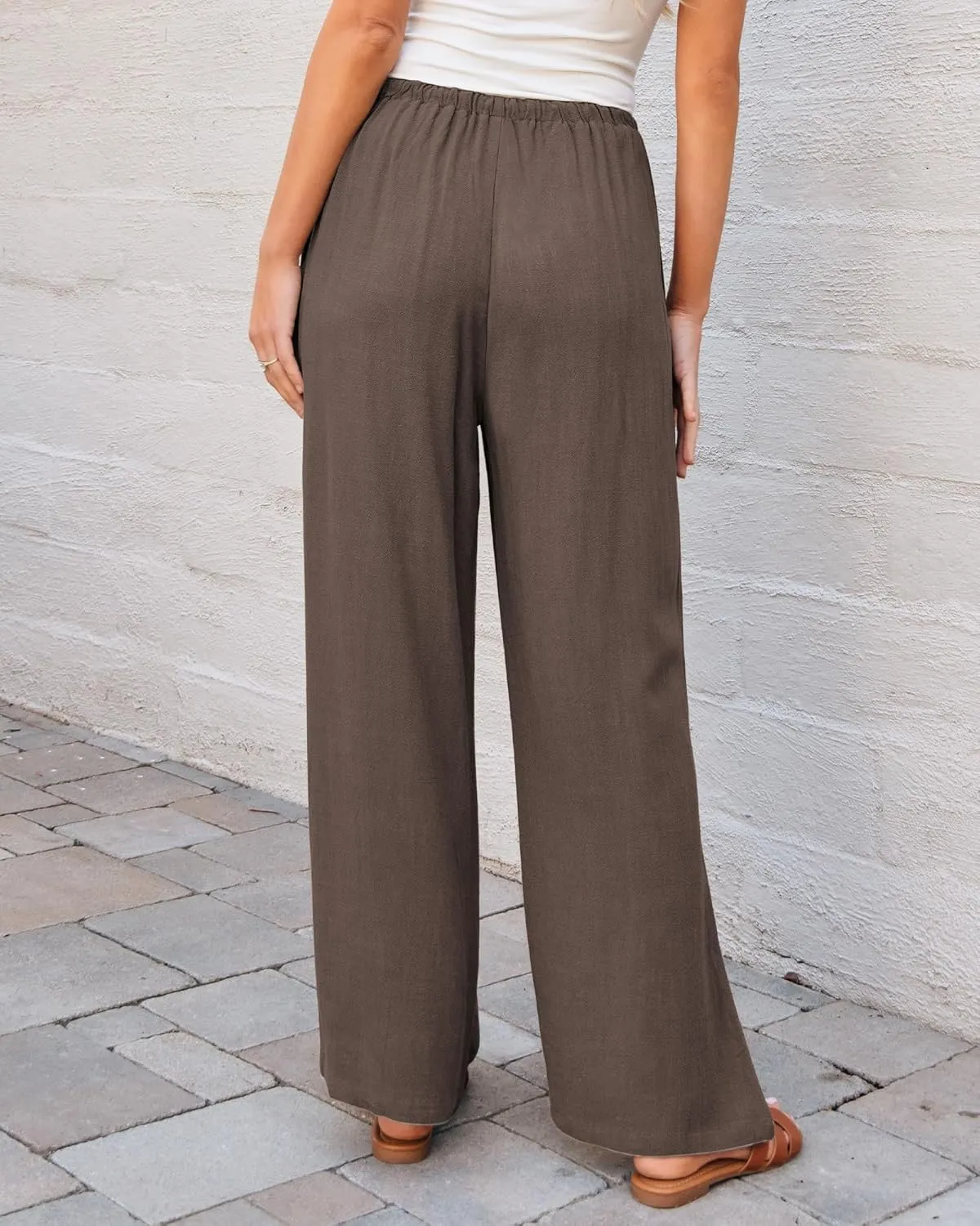 GRAPENT Linen Wide Leg Pants Woman High Waisted Pull On Button Drawstring Baggy Casual Summer Palazzo Pants with Pockets