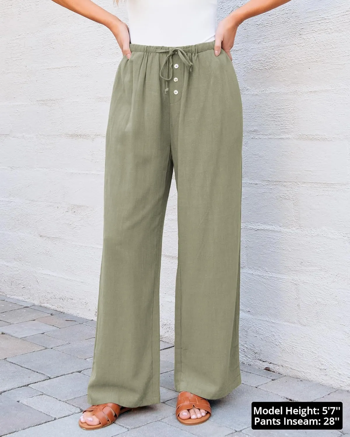 GRAPENT Linen Wide Leg Pants Woman High Waisted Pull On Button Drawstring Baggy Casual Summer Palazzo Pants with Pockets