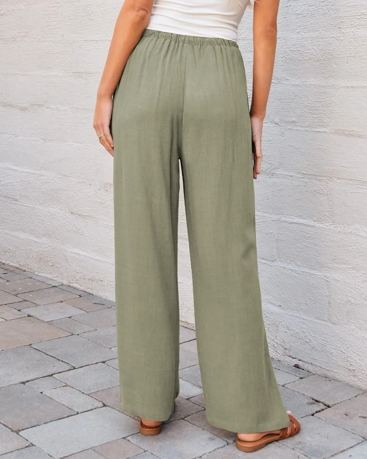GRAPENT Linen Wide Leg Pants Woman High Waisted Pull On Button Drawstring Baggy Casual Summer Palazzo Pants with Pockets