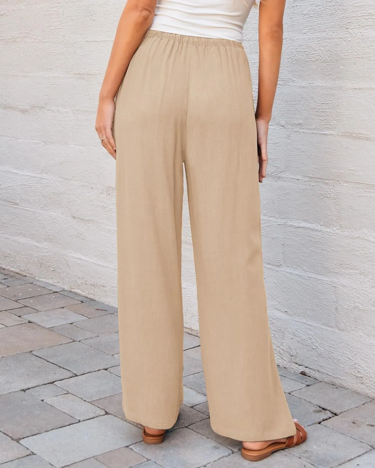 GRAPENT Linen Wide Leg Pants Woman High Waisted Pull On Button Drawstring Baggy Casual Summer Palazzo Pants with Pockets