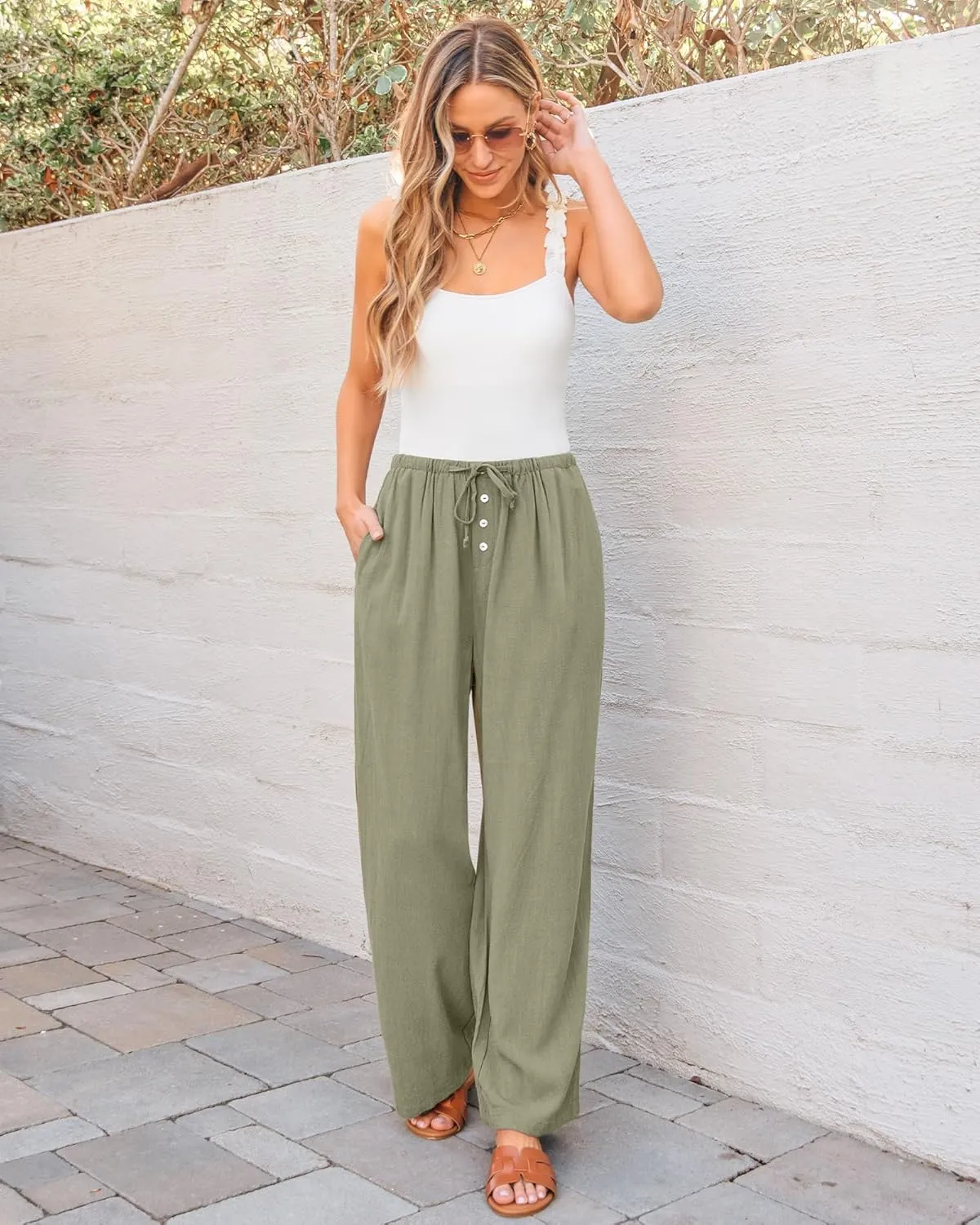 GRAPENT Linen Wide Leg Pants Woman High Waisted Pull On Button Drawstring Baggy Casual Summer Palazzo Pants with Pockets