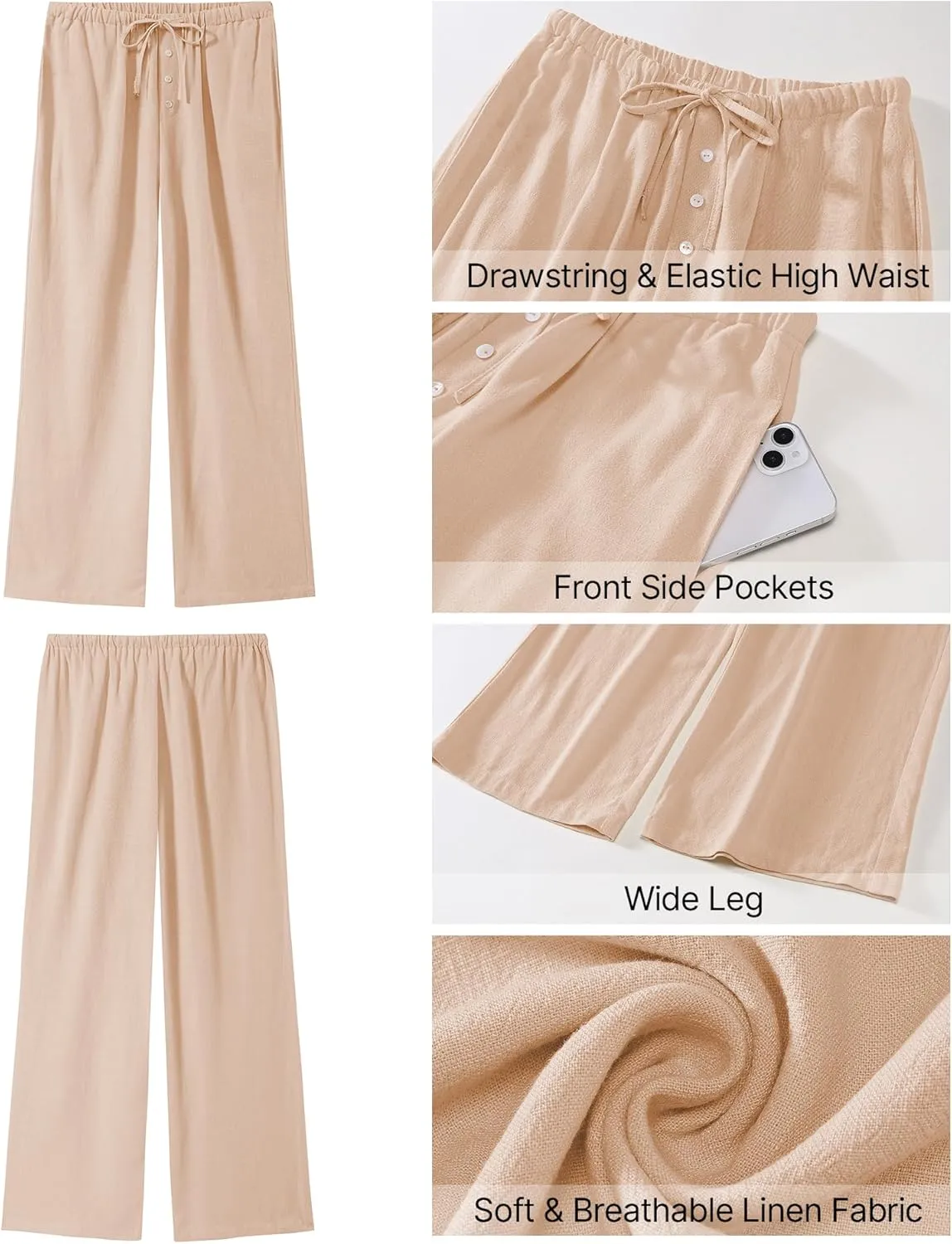 GRAPENT Linen Wide Leg Pants Woman High Waisted Pull On Button Drawstring Baggy Casual Summer Palazzo Pants with Pockets