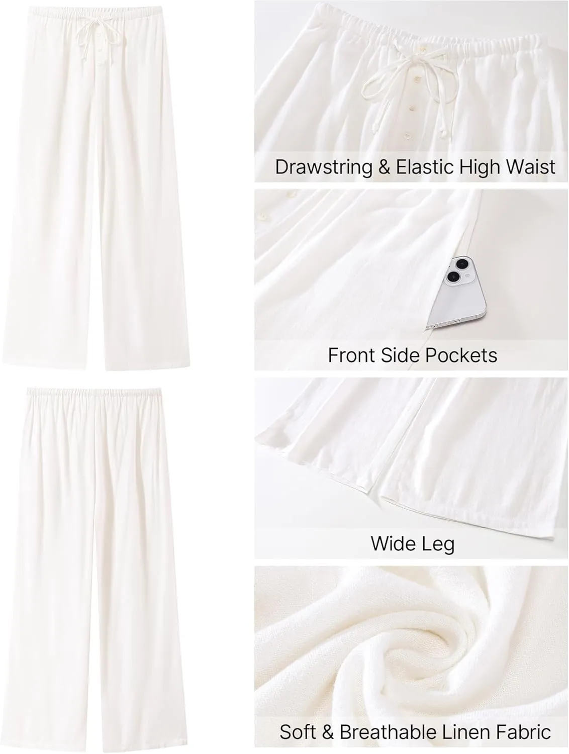 GRAPENT Linen Wide Leg Pants Woman High Waisted Pull On Button Drawstring Baggy Casual Summer Palazzo Pants with Pockets