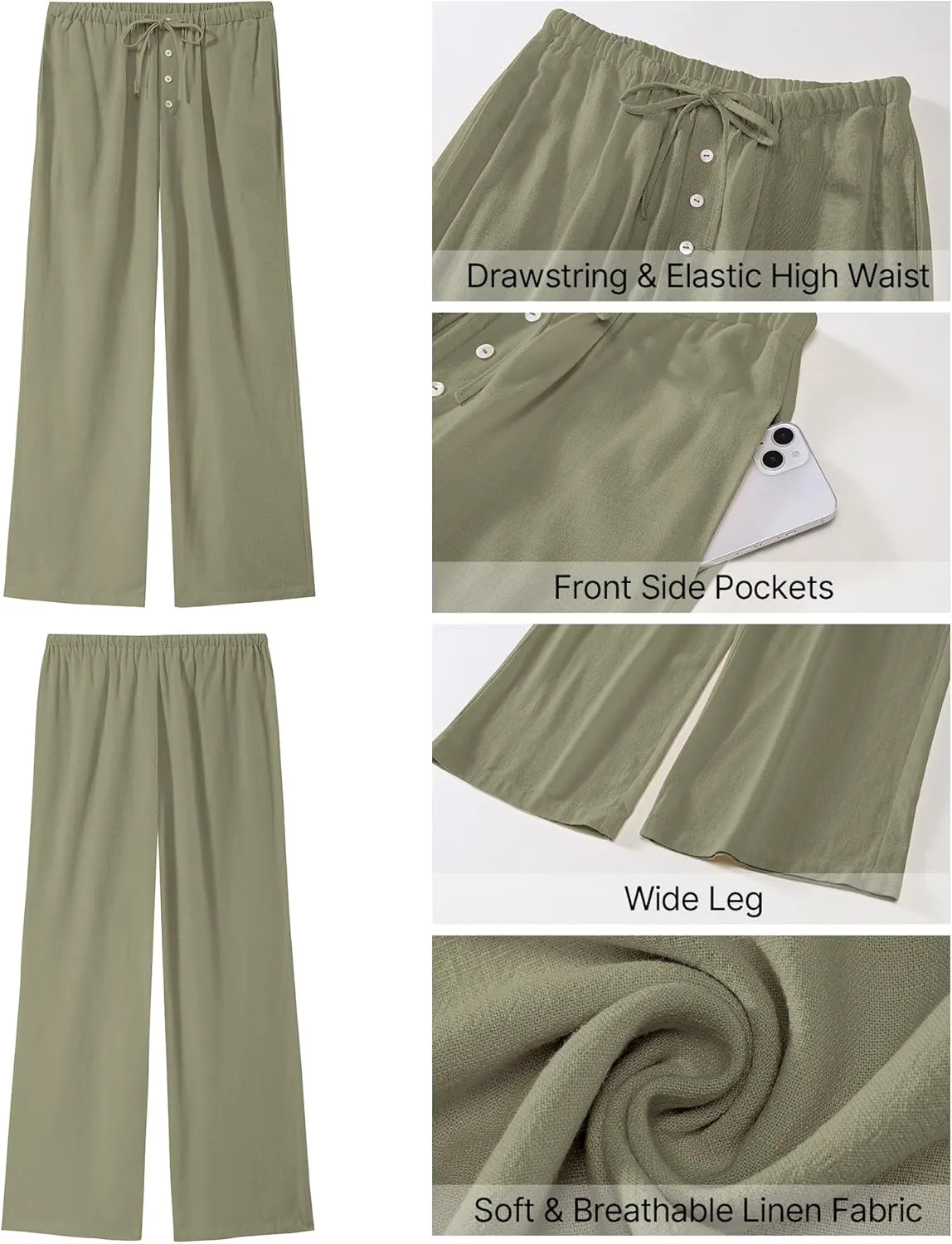 GRAPENT Linen Wide Leg Pants Woman High Waisted Pull On Button Drawstring Baggy Casual Summer Palazzo Pants with Pockets
