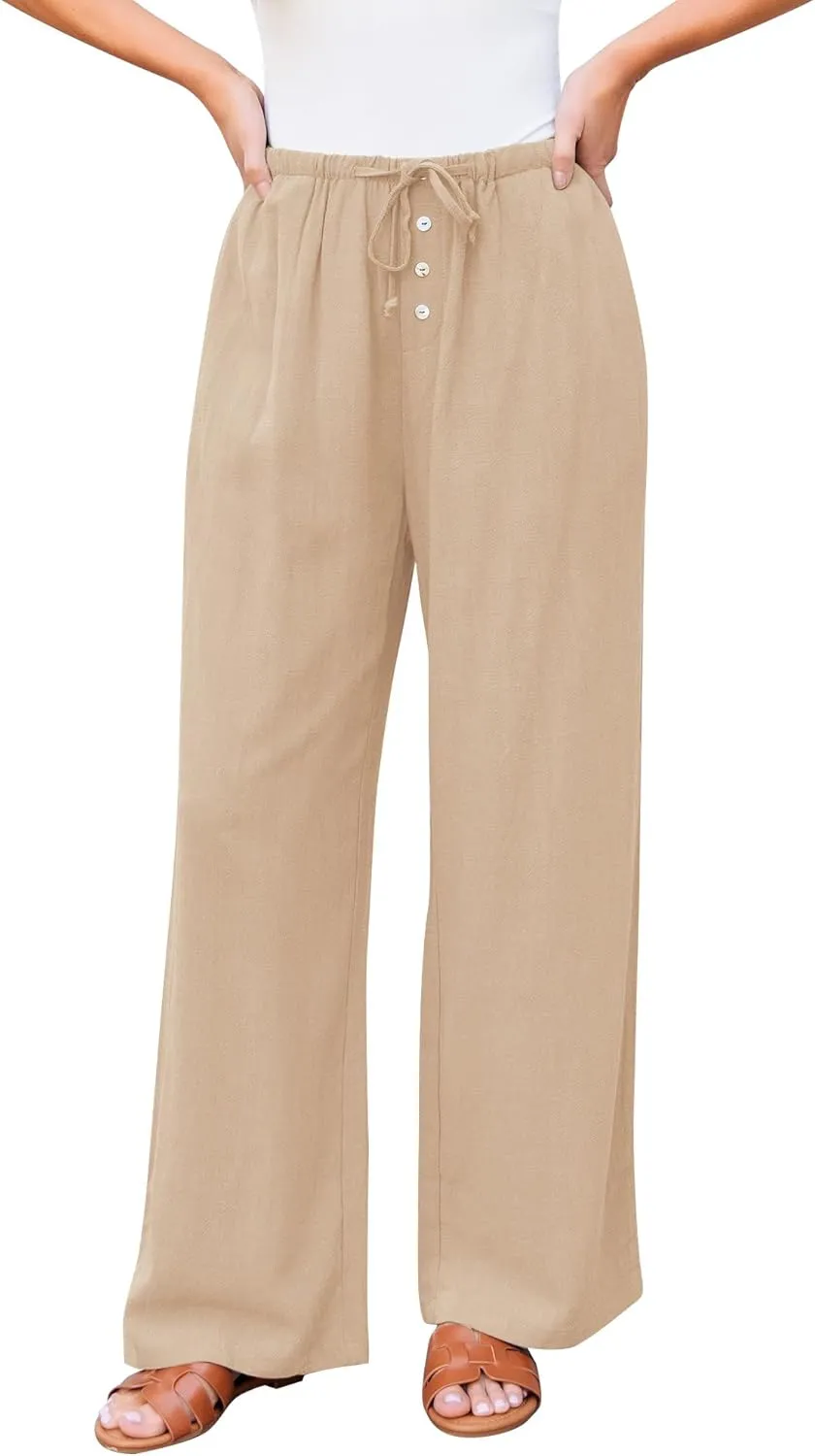 GRAPENT Linen Wide Leg Pants Woman High Waisted Pull On Button Drawstring Baggy Casual Summer Palazzo Pants with Pockets