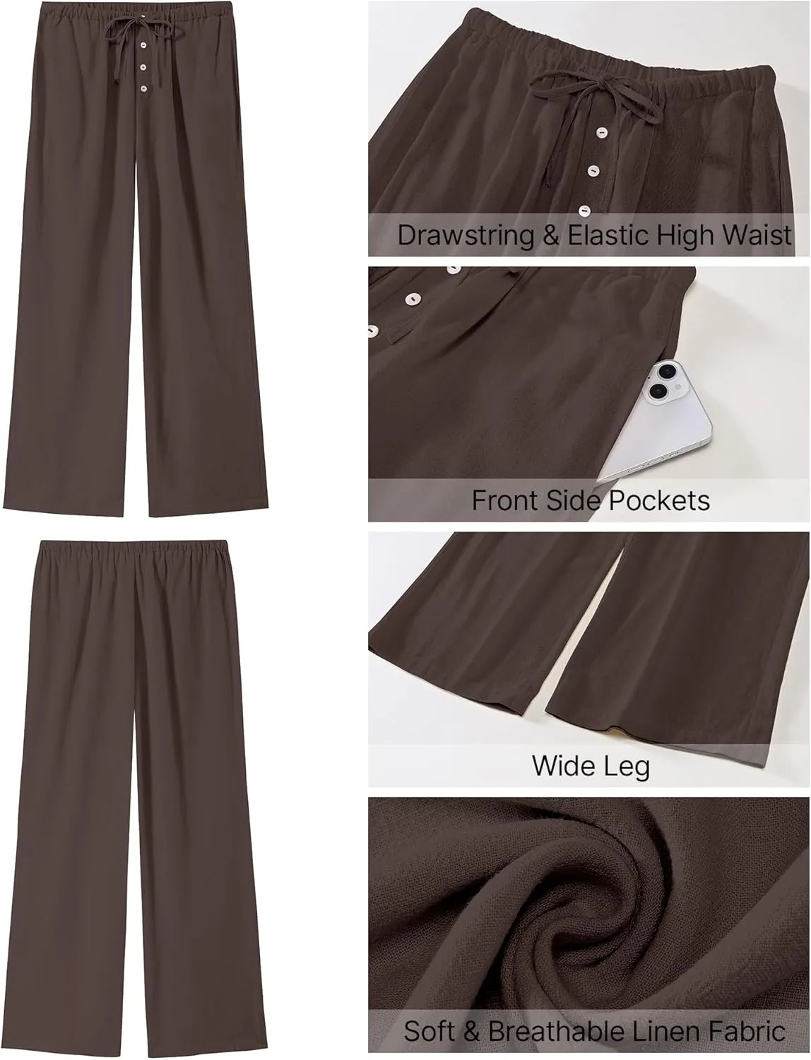 GRAPENT Linen Wide Leg Pants Woman High Waisted Pull On Button Drawstring Baggy Casual Summer Palazzo Pants with Pockets