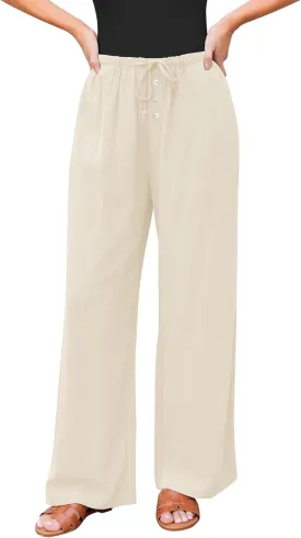 GRAPENT Linen Wide Leg Pants Woman High Waisted Pull On Button Drawstring Baggy Casual Summer Palazzo Pants with Pockets