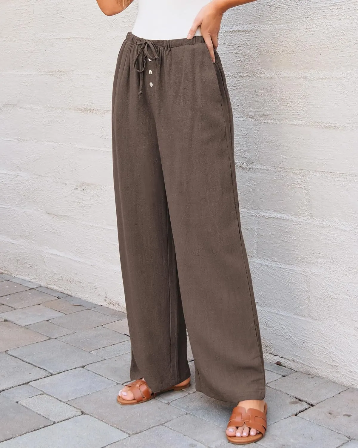 GRAPENT Linen Wide Leg Pants Woman High Waisted Pull On Button Drawstring Baggy Casual Summer Palazzo Pants with Pockets