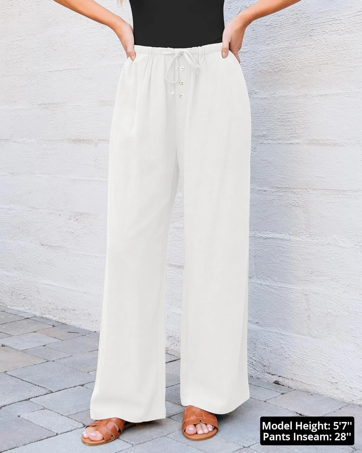 GRAPENT Linen Wide Leg Pants Woman High Waisted Pull On Button Drawstring Baggy Casual Summer Palazzo Pants with Pockets