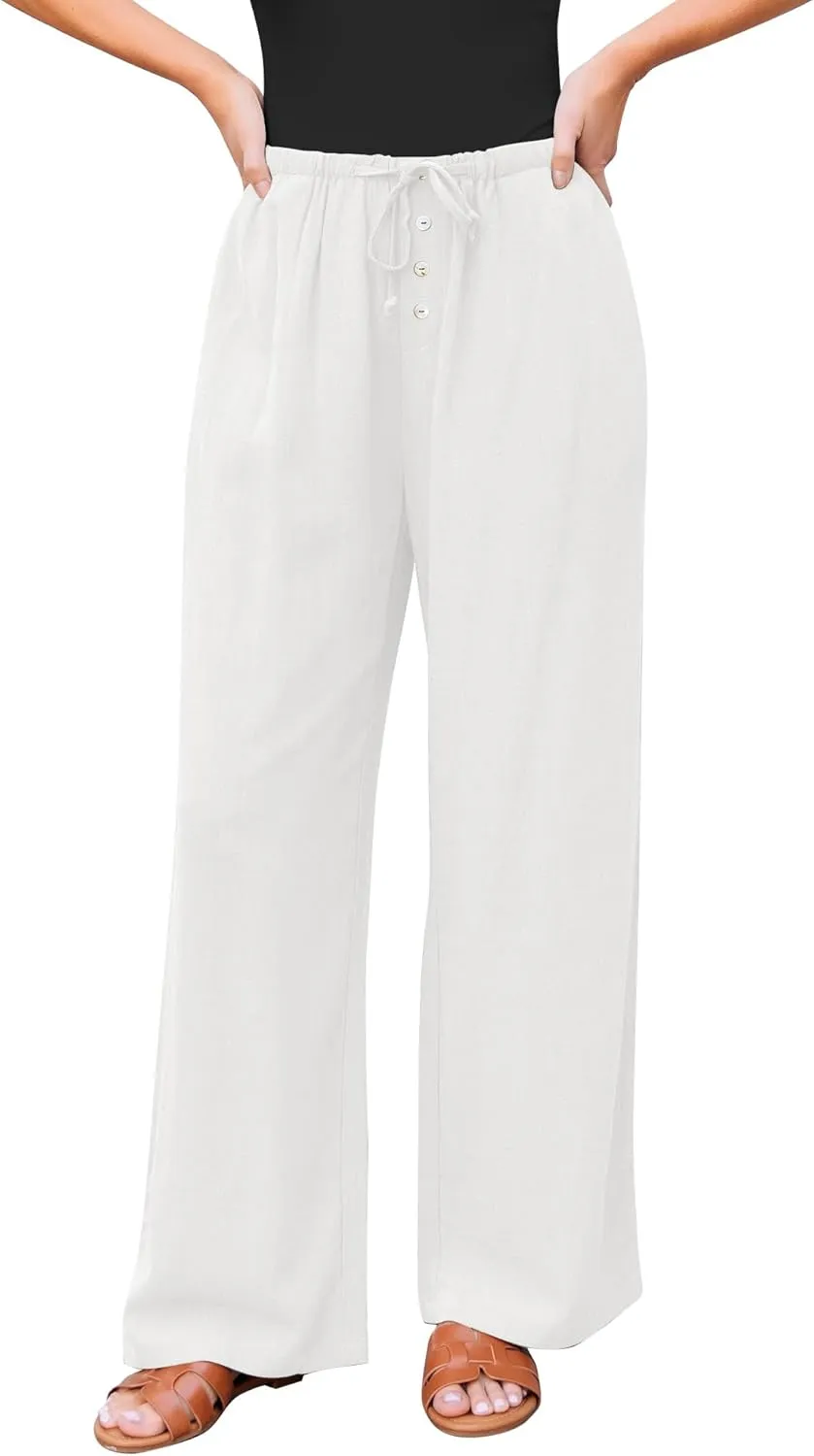 GRAPENT Linen Wide Leg Pants Woman High Waisted Pull On Button Drawstring Baggy Casual Summer Palazzo Pants with Pockets