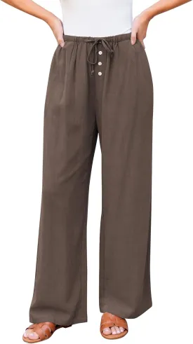 GRAPENT Linen Wide Leg Pants Woman High Waisted Pull On Button Drawstring Baggy Casual Summer Palazzo Pants with Pockets
