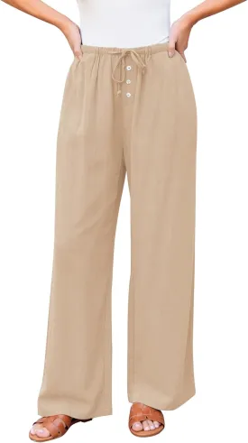 GRAPENT Linen Wide Leg Pants Woman High Waisted Pull On Button Drawstring Baggy Casual Summer Palazzo Pants with Pockets