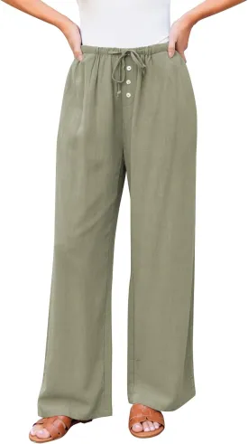 GRAPENT Linen Wide Leg Pants Woman High Waisted Pull On Button Drawstring Baggy Casual Summer Palazzo Pants with Pockets