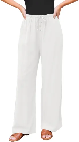 GRAPENT Linen Wide Leg Pants Woman High Waisted Pull On Button Drawstring Baggy Casual Summer Palazzo Pants with Pockets