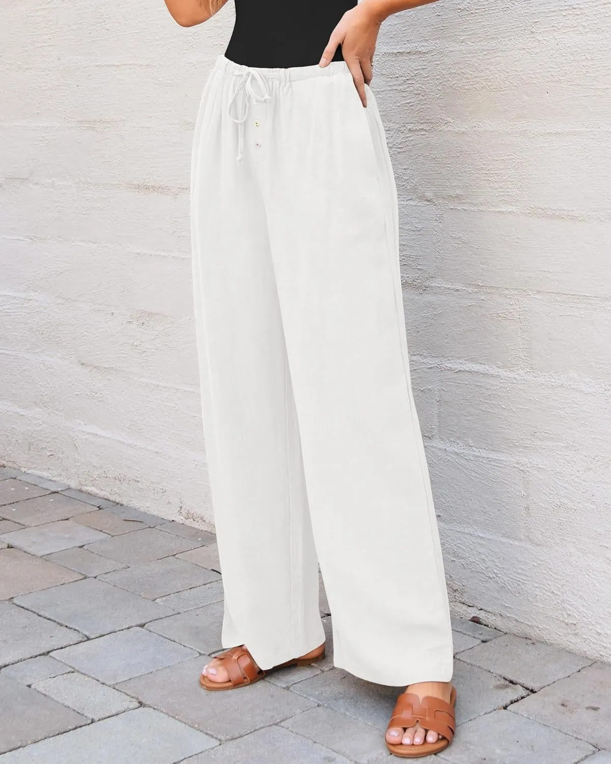 GRAPENT Linen Wide Leg Pants Woman High Waisted Pull On Button Drawstring Baggy Casual Summer Palazzo Pants with Pockets