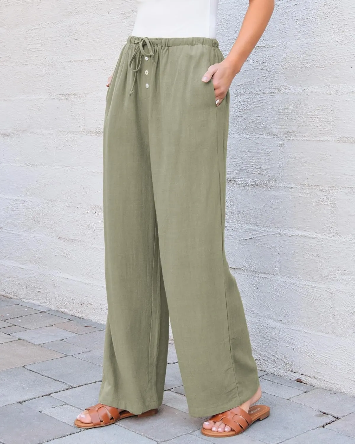 GRAPENT Linen Wide Leg Pants Woman High Waisted Pull On Button Drawstring Baggy Casual Summer Palazzo Pants with Pockets