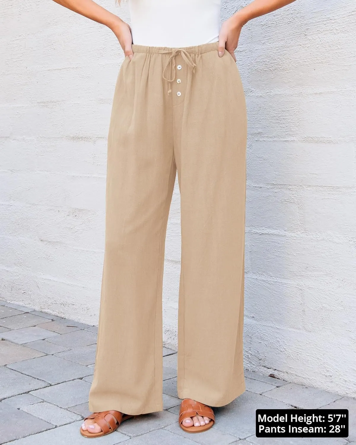 GRAPENT Linen Wide Leg Pants Woman High Waisted Pull On Button Drawstring Baggy Casual Summer Palazzo Pants with Pockets