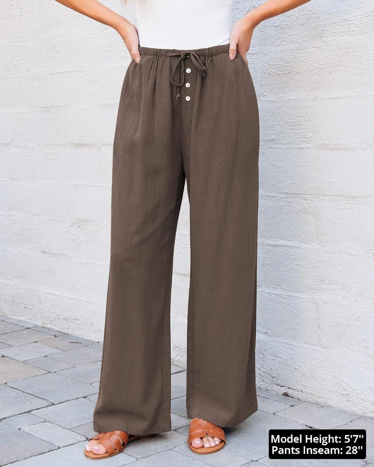 GRAPENT Linen Wide Leg Pants Woman High Waisted Pull On Button Drawstring Baggy Casual Summer Palazzo Pants with Pockets