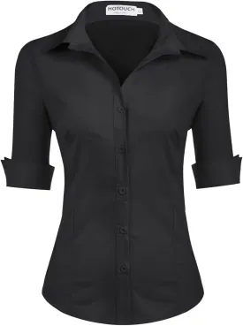 HOTOUCH Womens 3/4 Sleeve Button Down Shirt Slim Fit Work Blouses Cotton Dress Shirts Office Tops