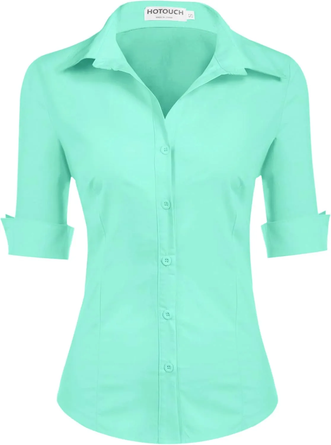 HOTOUCH Womens 3/4 Sleeve Button Down Shirt Slim Fit Work Blouses Cotton Dress Shirts Office Tops