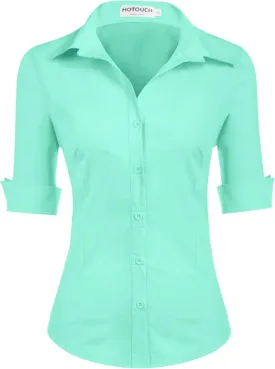 HOTOUCH Womens 3/4 Sleeve Button Down Shirt Slim Fit Work Blouses Cotton Dress Shirts Office Tops