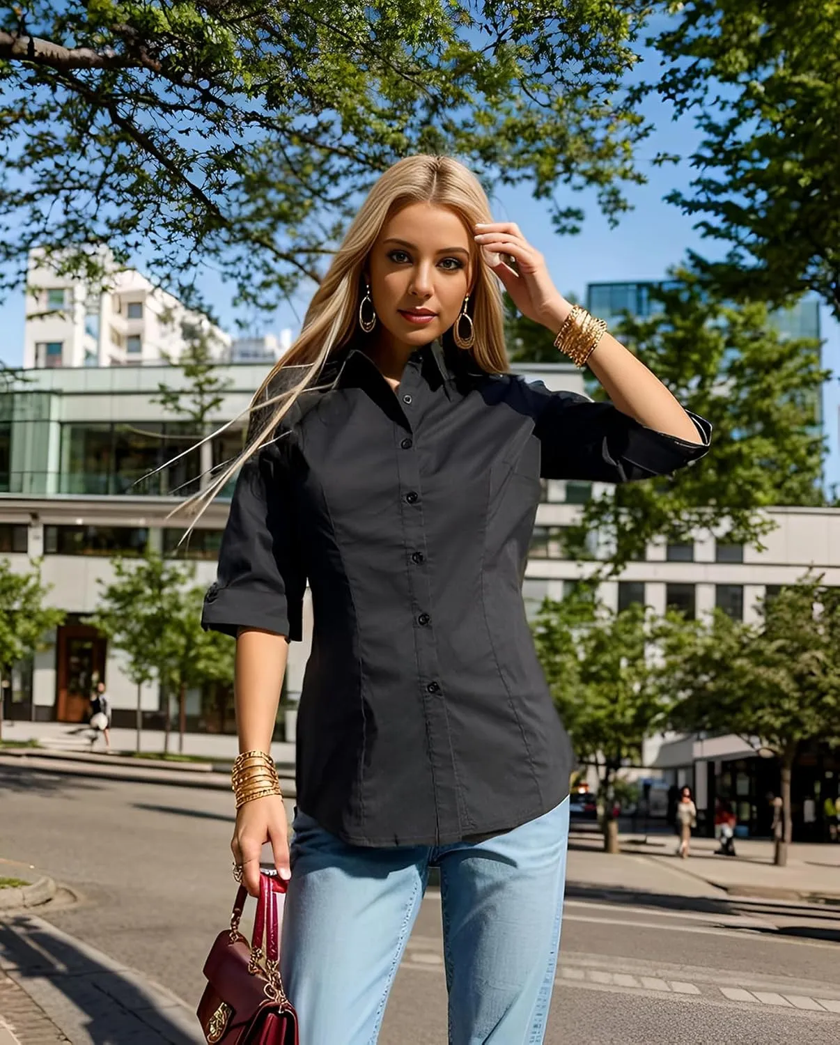 HOTOUCH Womens 3/4 Sleeve Button Down Shirt Slim Fit Work Blouses Cotton Dress Shirts Office Tops