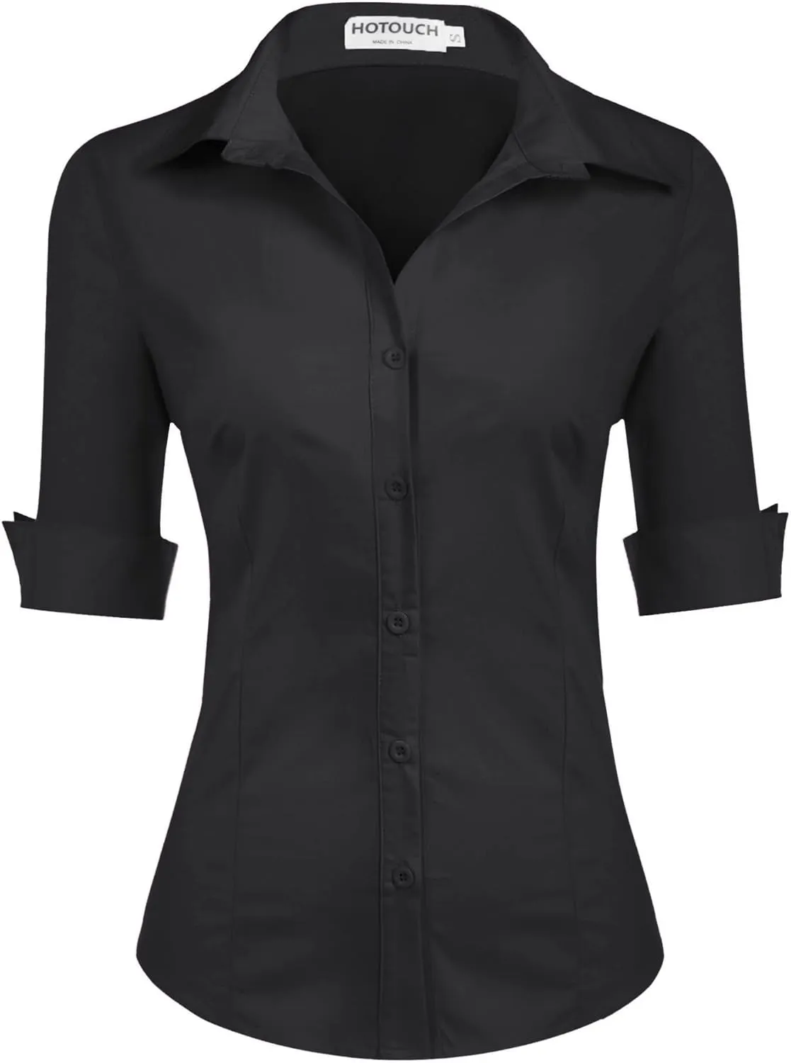 HOTOUCH Womens 3/4 Sleeve Button Down Shirt Slim Fit Work Blouses Cotton Dress Shirts Office Tops